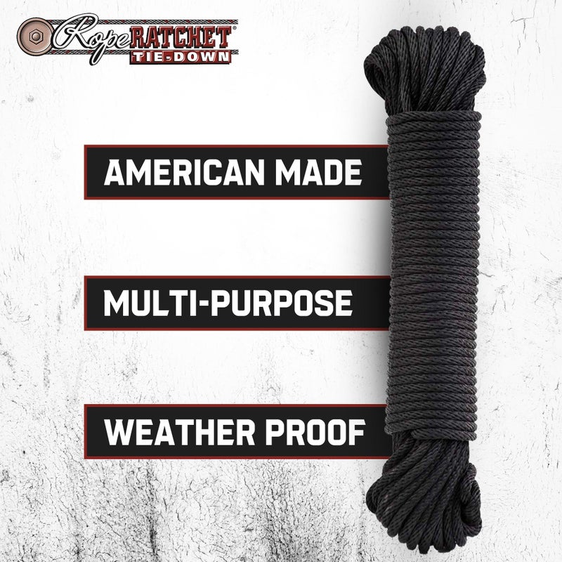 Rope Ratchet حبل ربط 1/8" بطول 50 قدم من خيوط البوليستر المجدولة، مقاوم للعوامل الجوية للاستخدام الداخلي والخارجي للحدائق، مشاريع DIY، تأمين الأحمال، الربط، ربط العقد، استخدام الأقمشة، سعة 75 رطل - أسود - Image 5